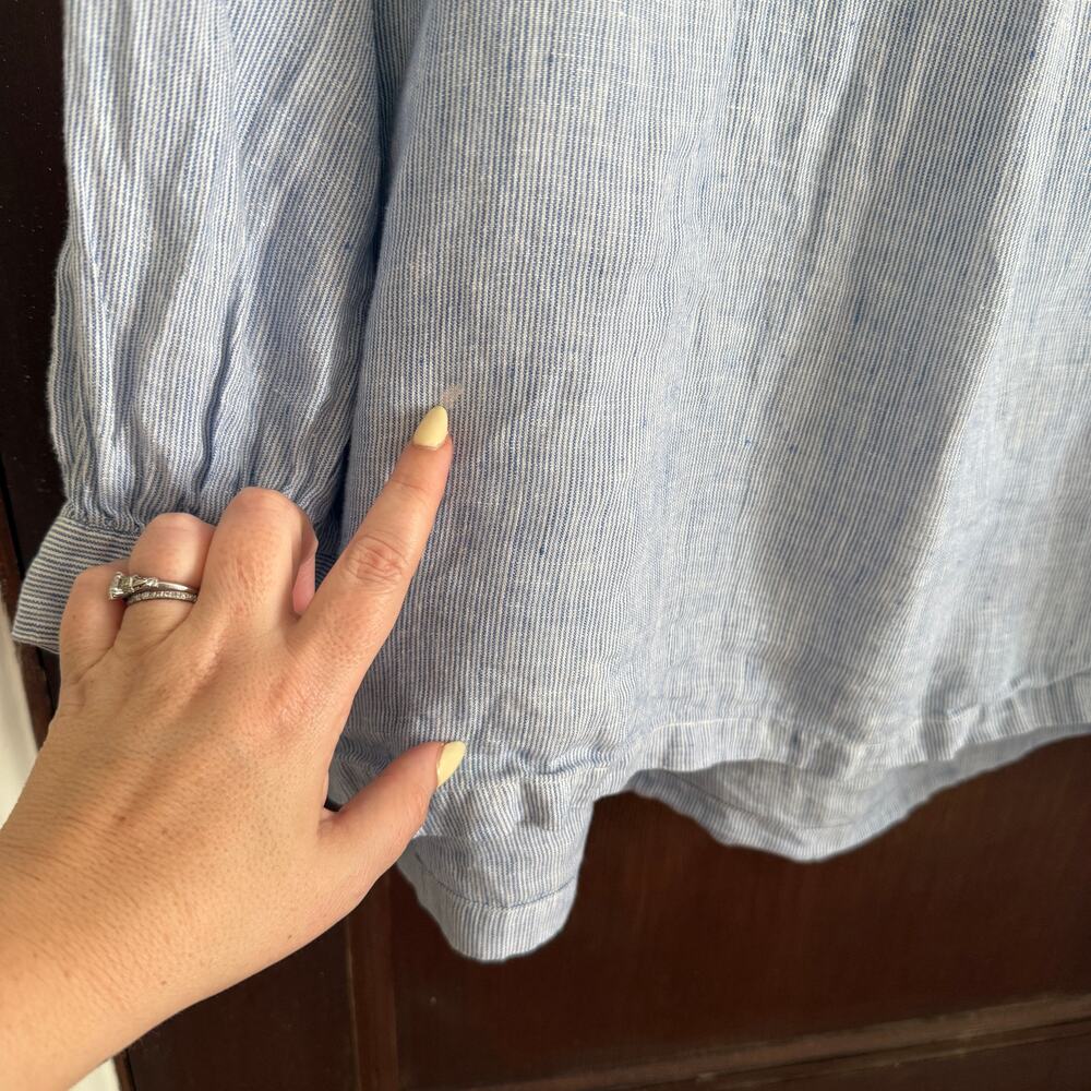 MUJI | Blue and White Striped Linen Boho Boxy Blouson Top | Medium \ Large - Picture 5 of 6